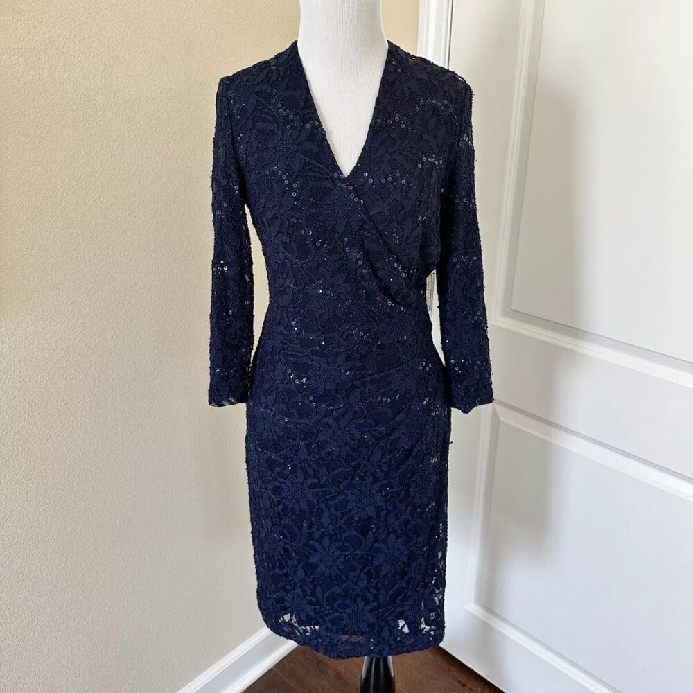 Ralph Lauren Formal Blue Sequin Pencil Dress Long Sleeves V Neck Size 2 NWT